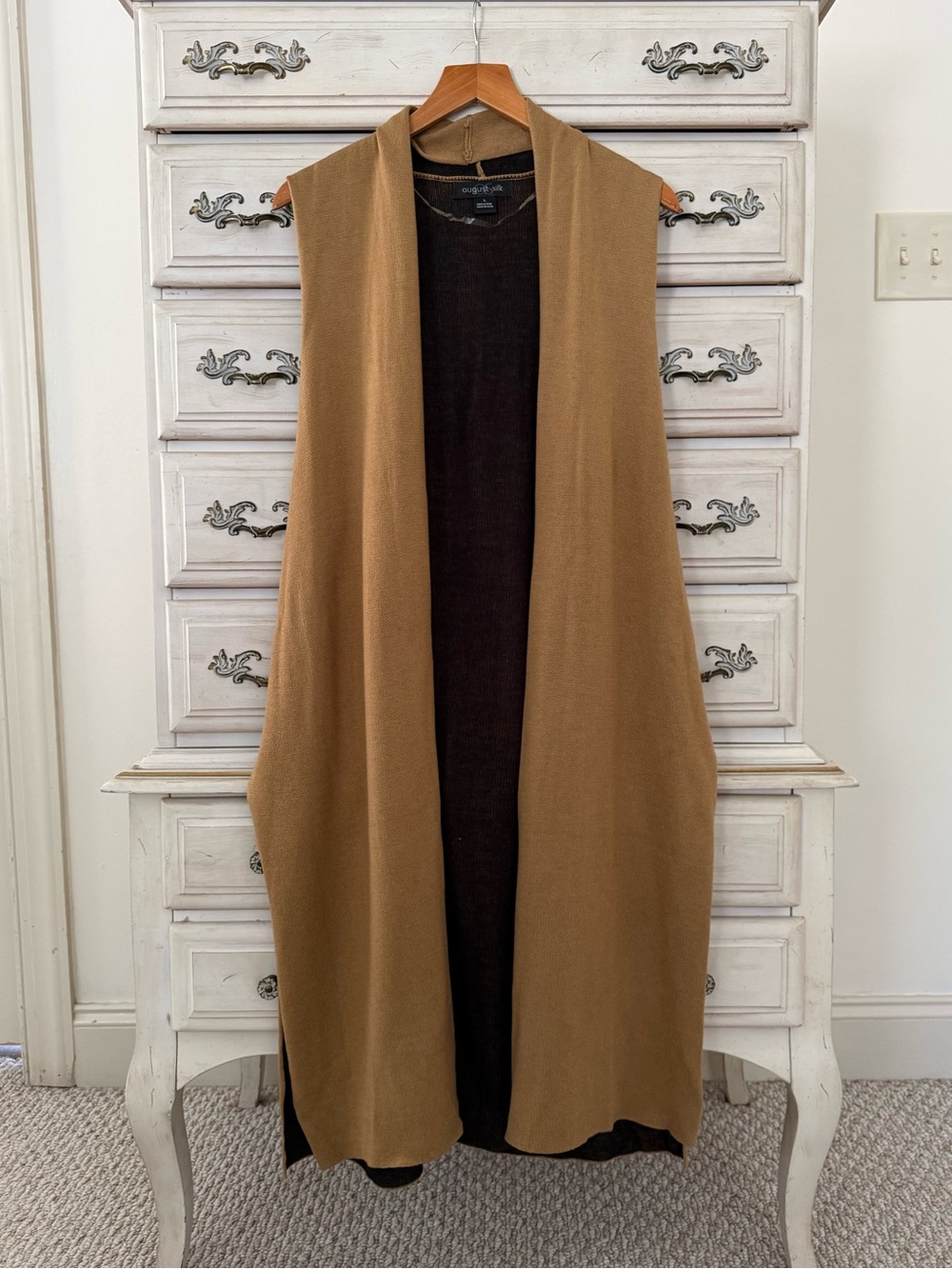 August Silk Beige Duster Vest Cardigan